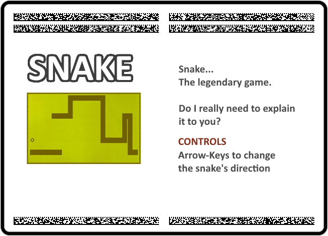 A personal take on an 'E-Reader' card containing the game Snake.